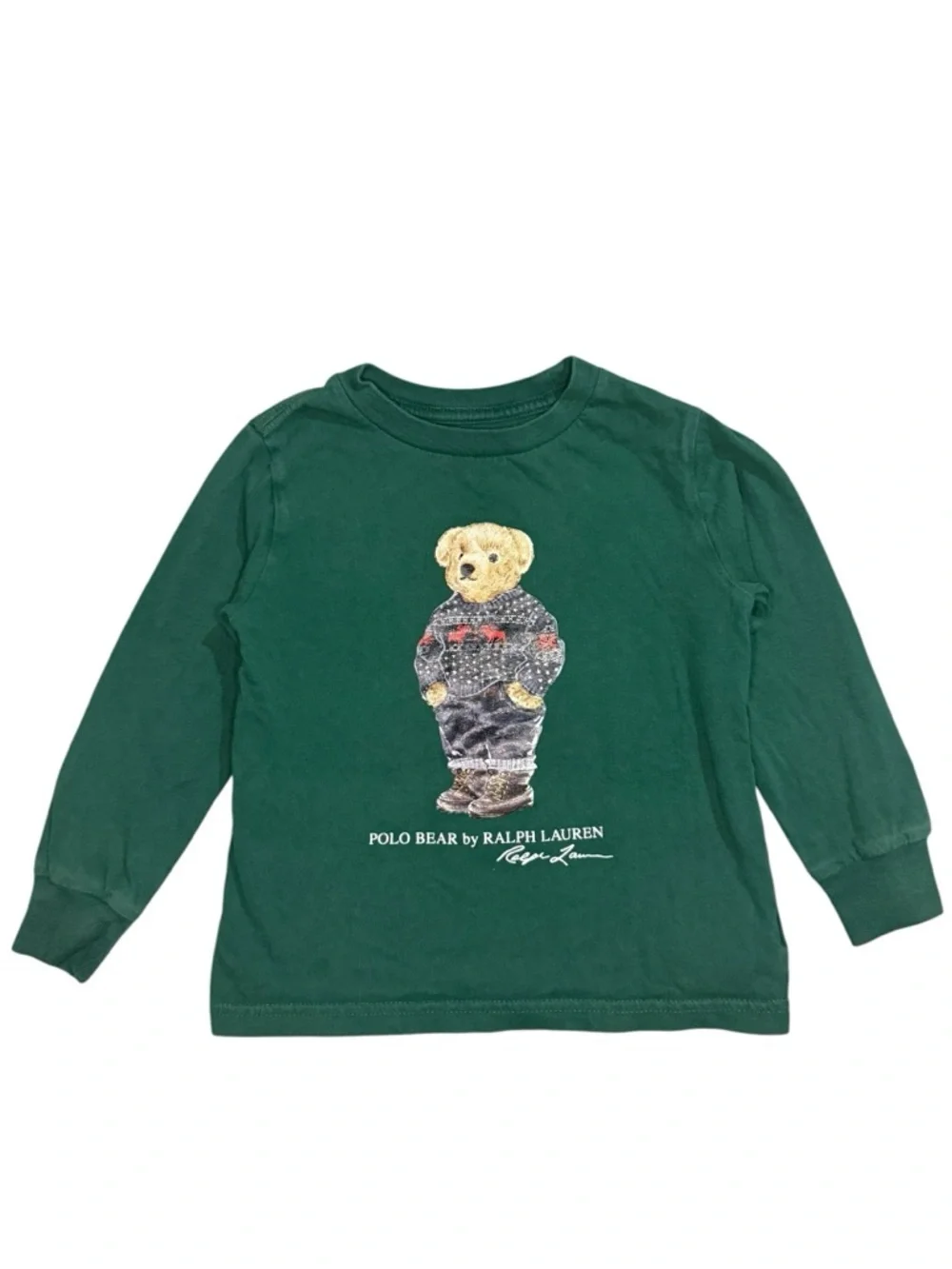 Polo Ralph Lauren 3T Unisex Kids Big Bear Long Sleeve Cotton Green Shirt Preppy